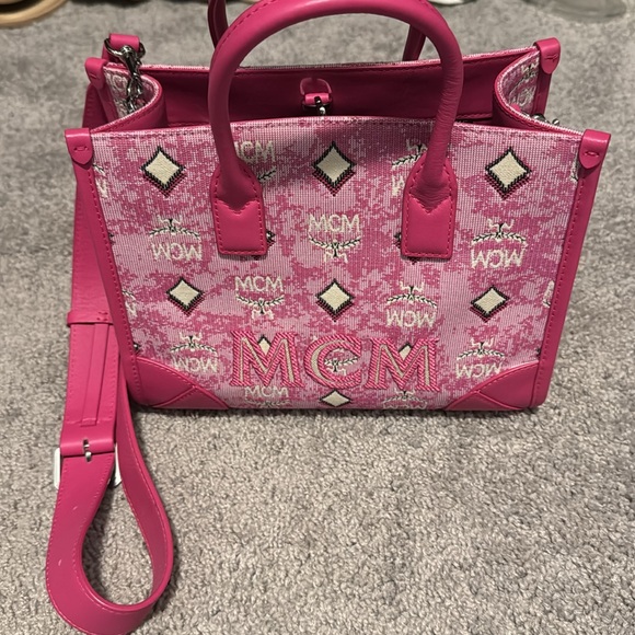 MCM Logo Jacquard Small Top Handle Bag and Matching Wallet - Picture 5 of 7